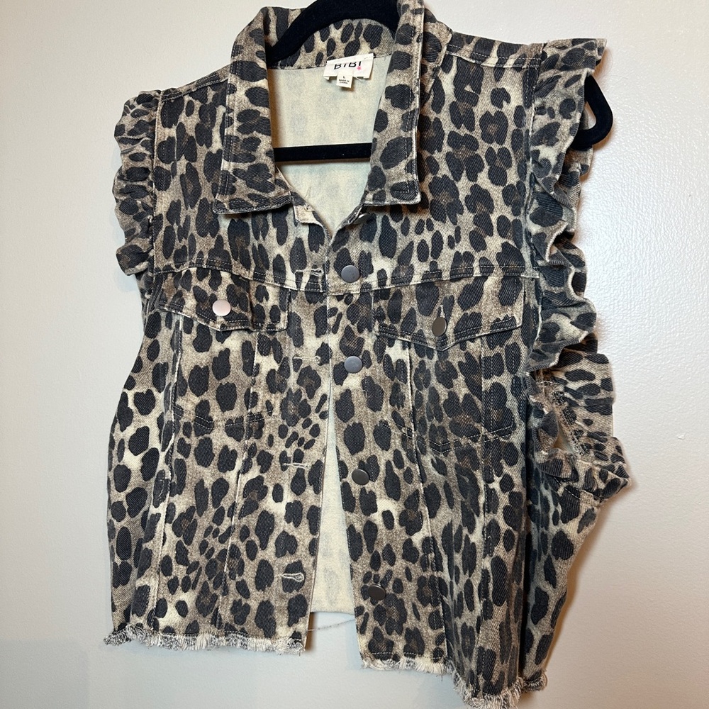 Zara Leopard Print Ruffled Denim Vest